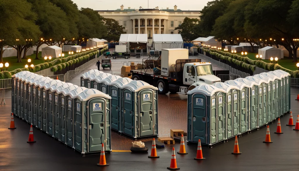 Festival porta potty bank with barricades in Somerville Drive, Maryland